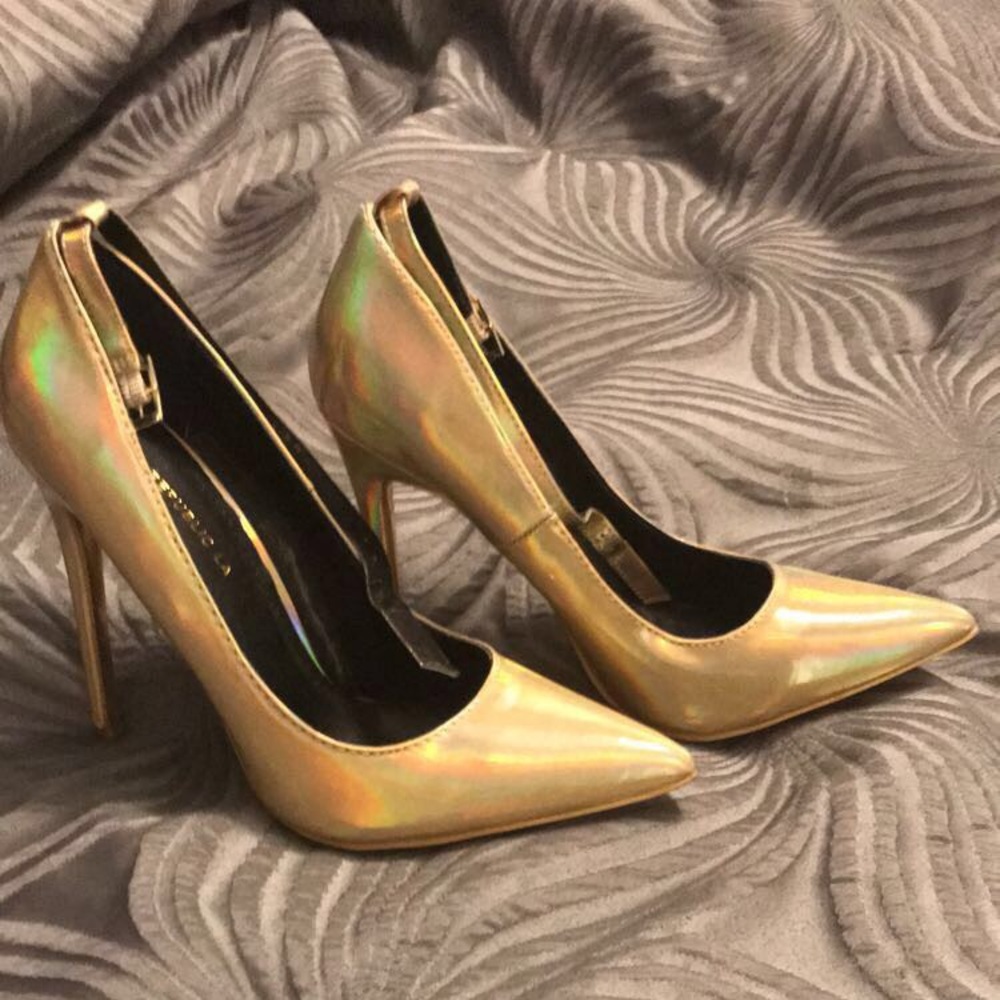 Gold/Hologram ankle strap 4inch Pumps size 8